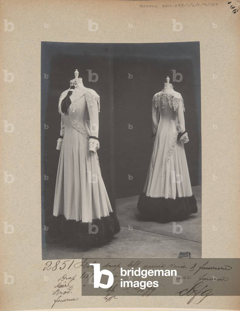 Album Page: House of Worth, Afternoon Dress, 1909 (b/w photo)
