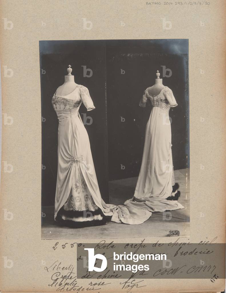 Album Page: House of Worth, Evening Dress, 1908-09 (b/w photo)
