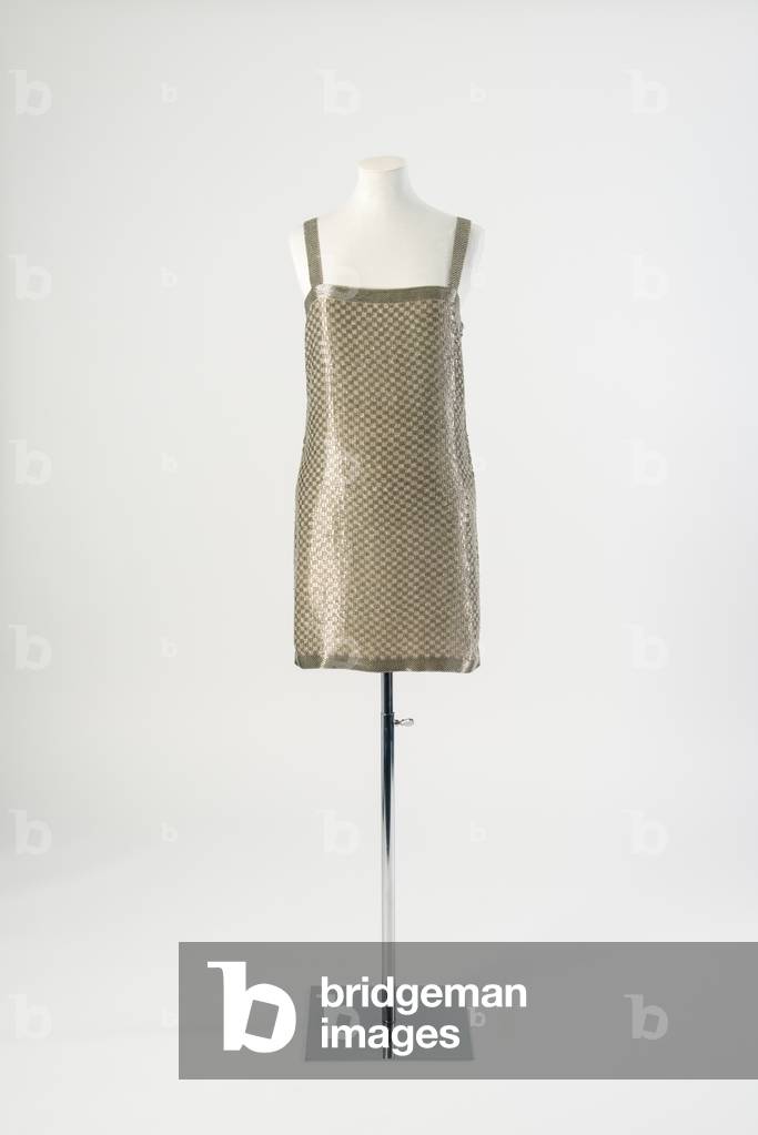 Silver mini-dress decorated all over with silver beads in a chequerboard design, 1991 (silver)