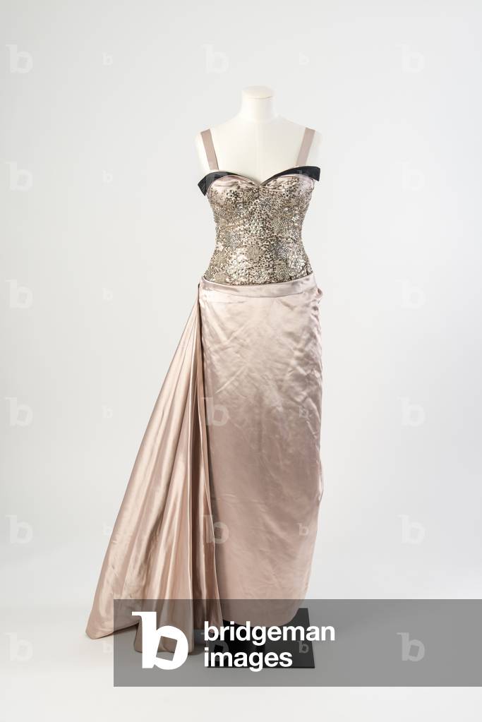 Dusky pink silk satin evening dress richly embellished with diamantes, silver sequins and beads and lined with black silk satin, late 1950s (silk satin)