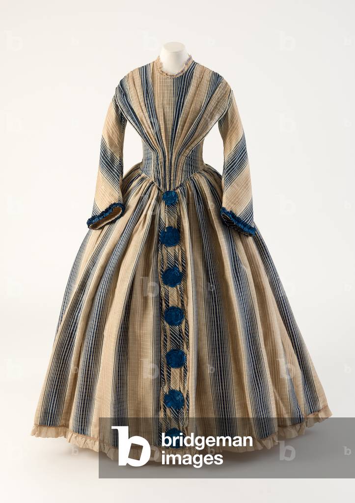 Light brown and blue striped wool gauze dress with blue pom-poms, 1840s (wool)