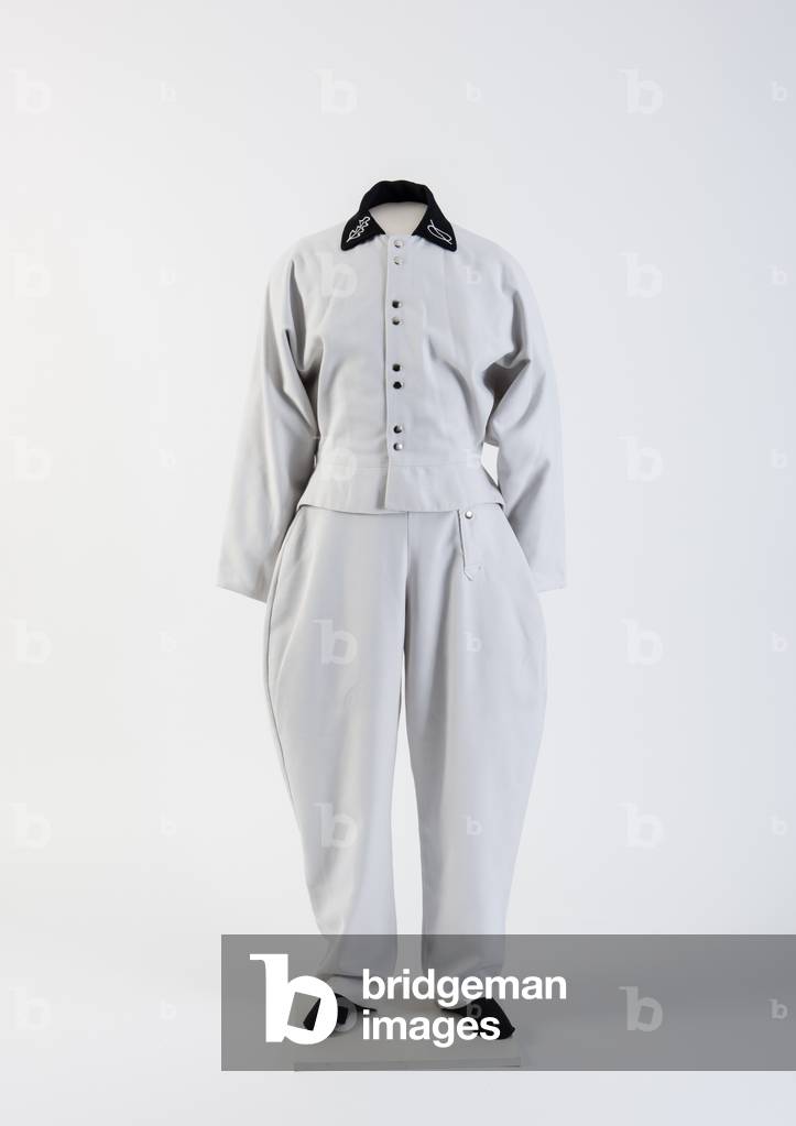 Man's white cotton drill suit with embroidered collar for Modern Classics, 1980s (cotton)