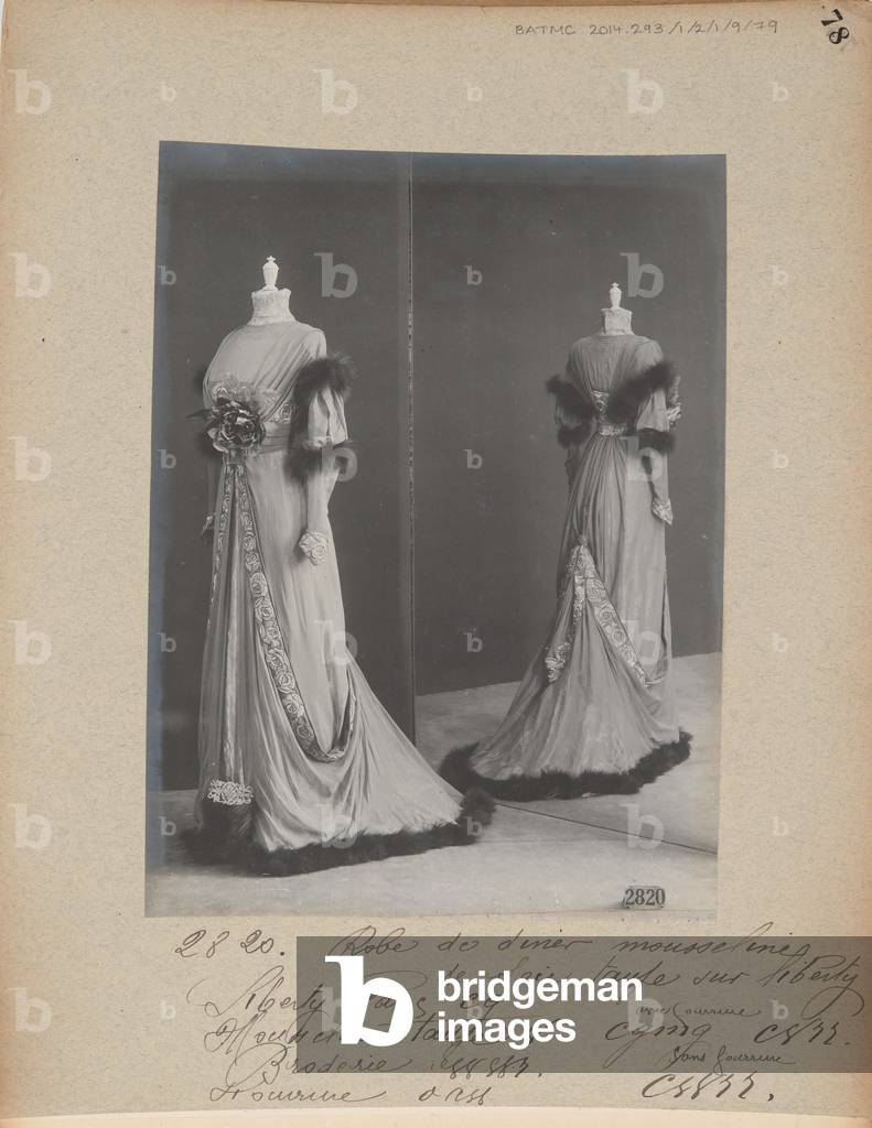 Album Page: House of Worth, Dinner Gown, 1909 (b/w photo)