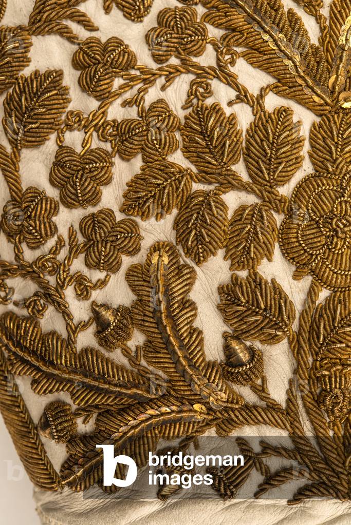 Detail of the right hand glove used at the Coronation of Queen Elizabeth II in 1953 (embroidered white kid leather)