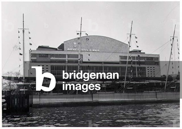 View of the Royal Festival Hall from the Thames, for the Festival of Britain, opened 4 May 1951 (b&w photo)