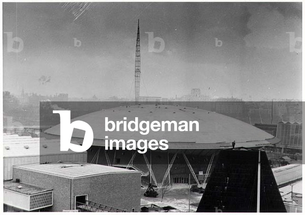 View of the Dome of Discovery and the Skylon, built for the Festival of Britain, opened 4 May 1951 (b&w photo)