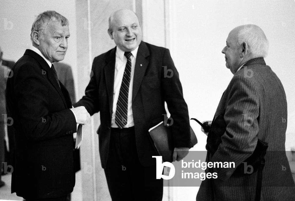 Warsaw, 24.05.1989. Jerzy Urban(right) governement spokesperson in parliament next to Mieczyslaw Rakowski (left) and Jozef Oleksy (centre). 