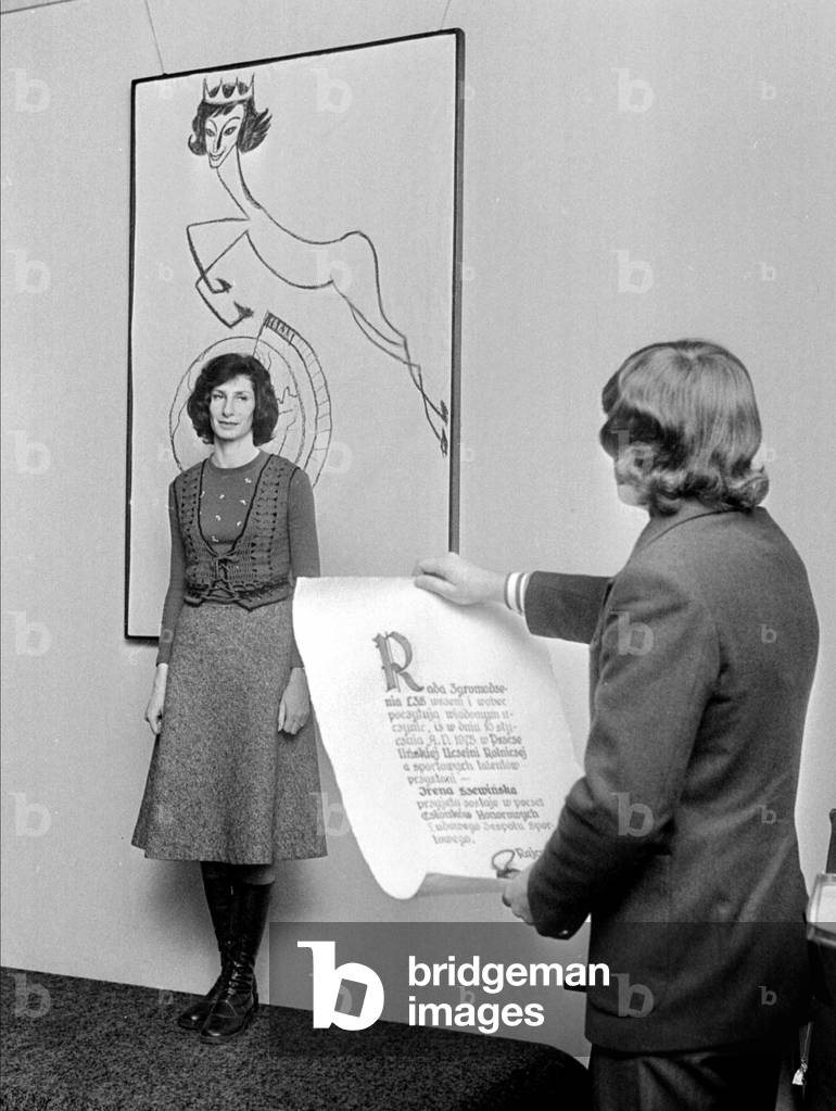 Pszczelin near Warsaw, Poland, 1973. Irena Szewiska (seven times summer olympic games medallist) during her visit to the agricultural school and meeting with youth. 