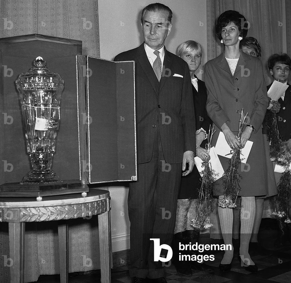 Warsaw, 02.1967. Awarding of Olympic sports men and women. Irena (third from left). Irena Szewinska (born 24.05.1946). Head of the Polish Federation of Athletics and member of the International Olympic committee. Former Polish-Jewish sprinter who was one of the world's leading athletes for almost 20 years, in multiple events. Winner of seven Olympic game medals, three of them gold. She broke six world records and is the only athlete (male or female) to have held a world record in the 100m, 200m and the 400m events. 