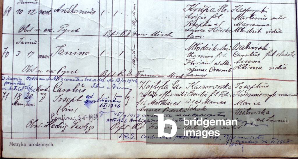 17.10.1978 - the day after Karol Wojtyla was elected Pope John Paul II. Parish records register his birth and baptism, with information about his Church career added over the years. On this photo one can see the addition of the information that Wojtyla has become Pope - written in Latin by Fr. Edward Zacher. 