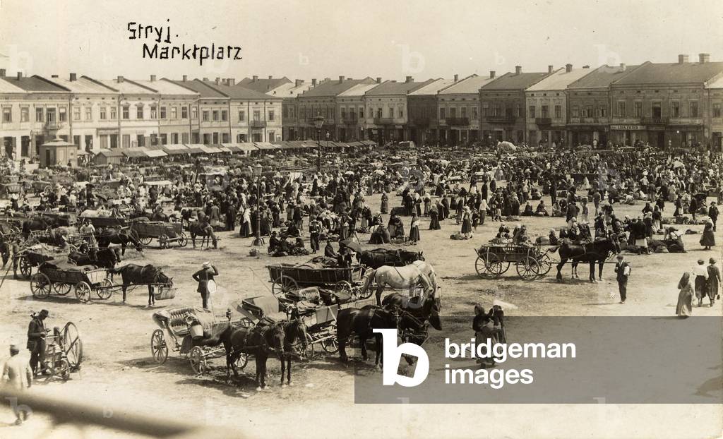 Stryj, Austria - Hungary (at the time), Poland in inter-war period, (present day Ukraine), 1915. Partitions of Poland. Fair day at market place. 