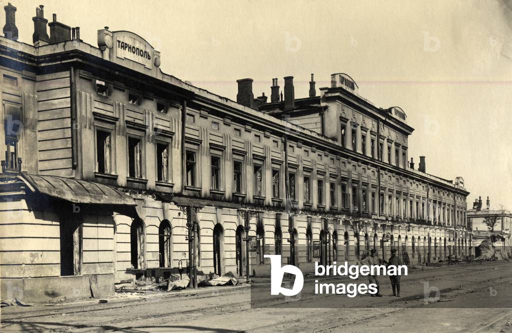 Tarnopol, Austria - Hungary (at the time), (present day Ukraine),1915. Partition of Poland. View of a railway station burnt down during warfare. 