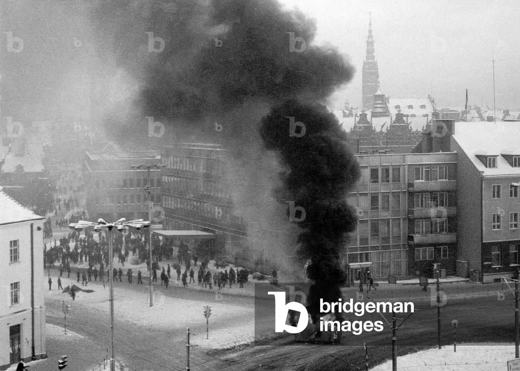 Gdansk December 1981. Martial Law in Poland. Riots on Hucisko round-about. 