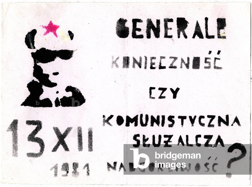 Warsaw, 13.12.1981. Leaflet opposing Jaruzelski. Wojciech Witold Jaruzelski born 6 July 1923. Poland's last dictator and commander of the communist Polish People's Army (LWP). Jaruzelski was Prime Minister from 1981 to 1985 and President from 1985 to 1990. Jaruzelski gave up power after the Polish Round Table Agreement in 1989 paved the way to democratic elections in Poland. 