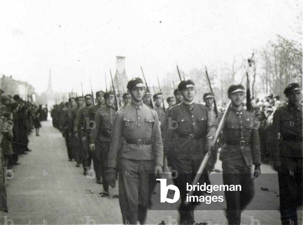 Czestochowa, inter-war period, Poland, 11.11.1938. Polish high school students with rifles marching during a parade organized on occasion of the anniversary of Poland gaining national independence. 
