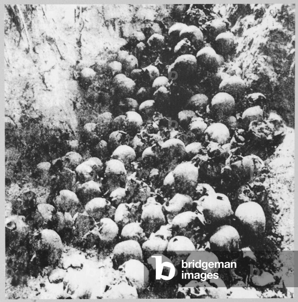 Warsaw, 30.05.2006. Results of exhumation in 1992. Remains of Wola Ostrowska residents in Volhynia, murdered on 30.08.1943 by the Ukrainian Insurgent Army. Photograph from the Independence museum in Warsaw under the title ' Volhynia extermination'. 