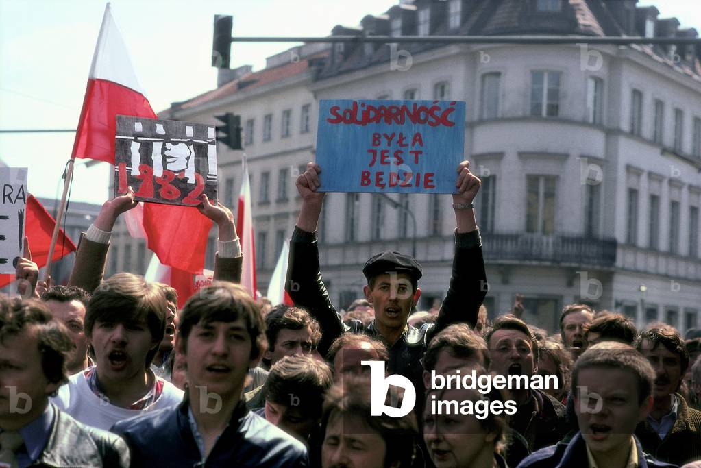 Warsaw, 01.05.1982. Martial Law in Poland. Underground Solidarnosc supporters in Warsaw's Old Town. 