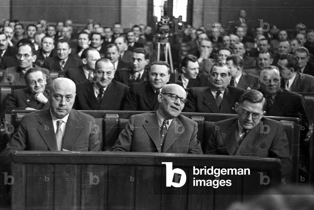 Warsaw, 20.02.1957. Members of the highest party and government powers during the first session of Sejm II (Parliament) term of office. Photographed from left: Jozef Cyrankiewicz, Wladyslaw Gomulka and Aleksander Zawadzki. 