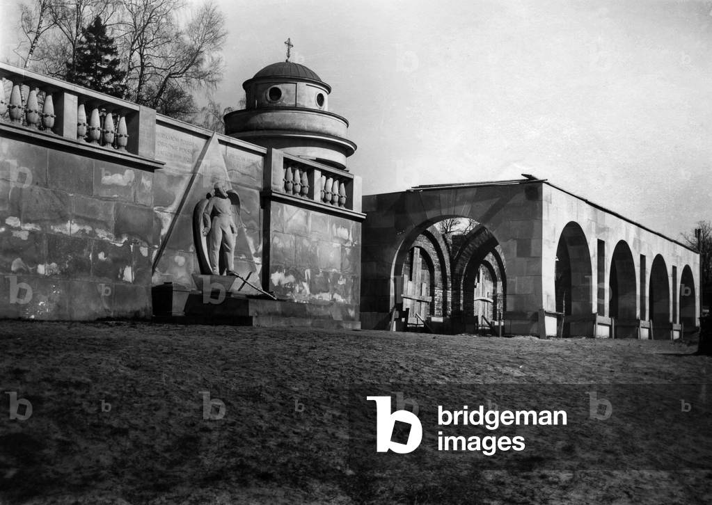 Lviv, inter-war Poland (present day Ukraine), 1920s. Chapel and catacombs at the Lviv Orlat (' Eaglets') Cemetery. Monument on the left side is dedicated to American pilots from Polish 7th Tadeusz Kosciuszko Air Escadrille killed during battle of Lviv and buried at the cemetery. They were Arthur Kelly- captain, Edmund Zravel and Mac Callum lieutenants. The cemetery was built to bury Polish-Lviv soldiers killed during battle of Lviv against the Ukrainians. Most of the Polish soldiers were very young or shool age volunteers - thats why they were called 'Eaglets'. They were mainly residents of the city. 