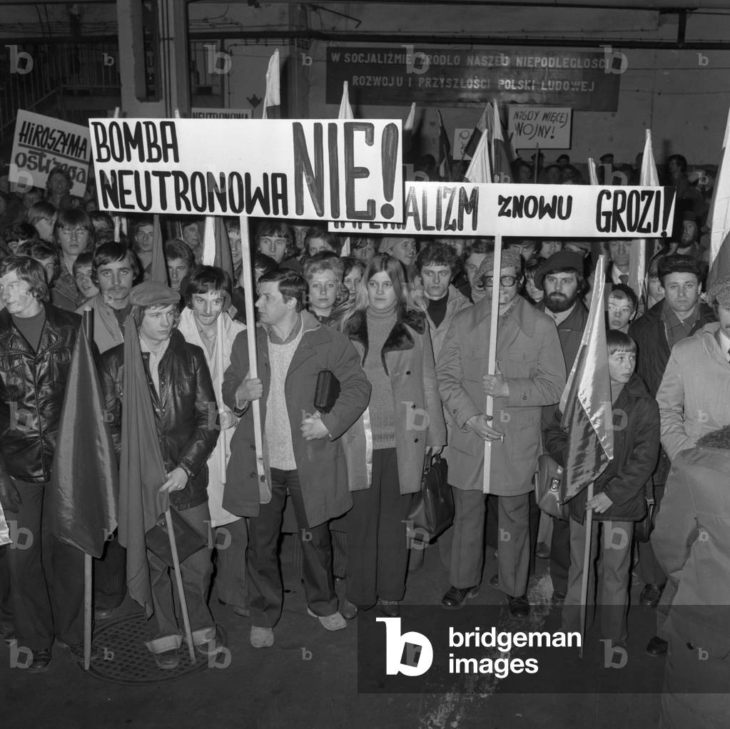 Lublin, Poland, 1974. Demonstration of the staff of truck factory against armaments and neutron bomb. 