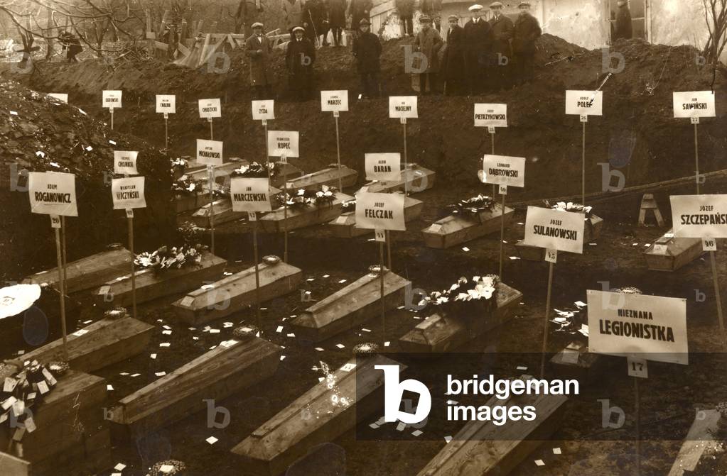 Lviv; inter-war period, Poland (present day Ukraine), 1918 - 1919 or 1920s. Lviv Orlat  (' Eaglets') Cemetery. Coffins of Polish-Lviv defenders killed during battle of Lviv against the Ukrainians. Most of the Polish soldiers were very young or school age volunteers - thats why they were called 'Eaglets'. They were mainly residents of the city. 