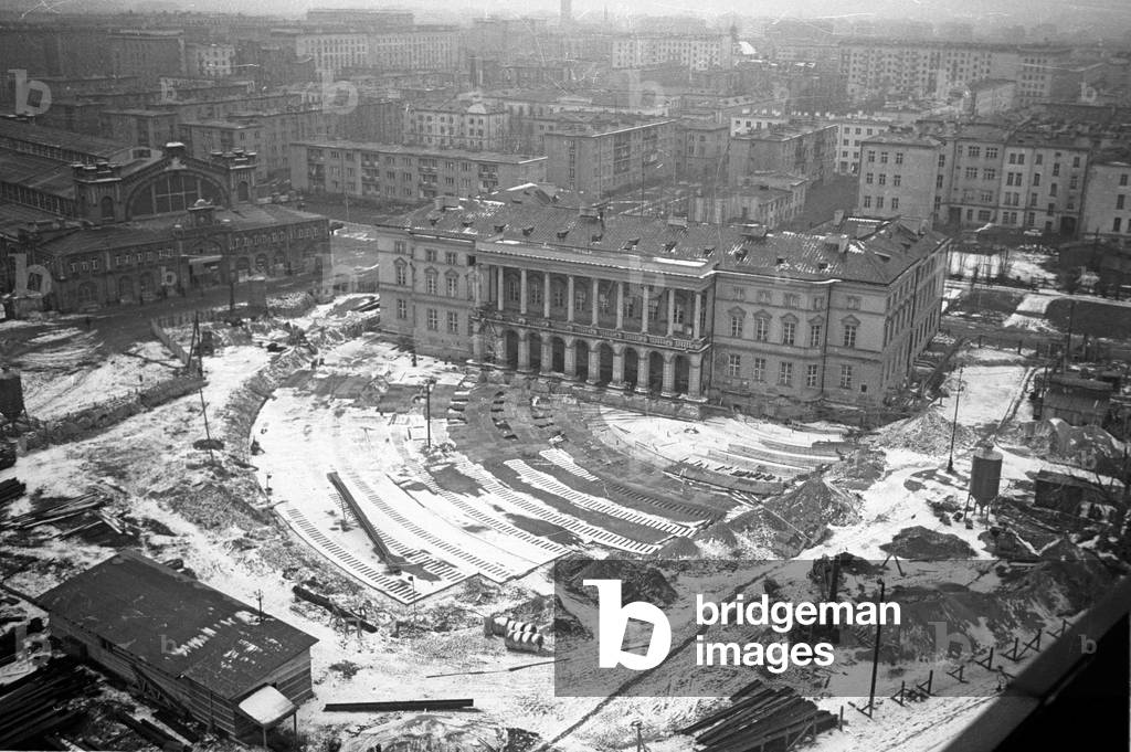 Warsaw, Poland, 03.1970; Beginning stages of a difficult construction operation. The Lubomirski Palace (Palac Lubomirskich) is to be rotated 78 degrees to change the architectural configuration in that part of city. 
