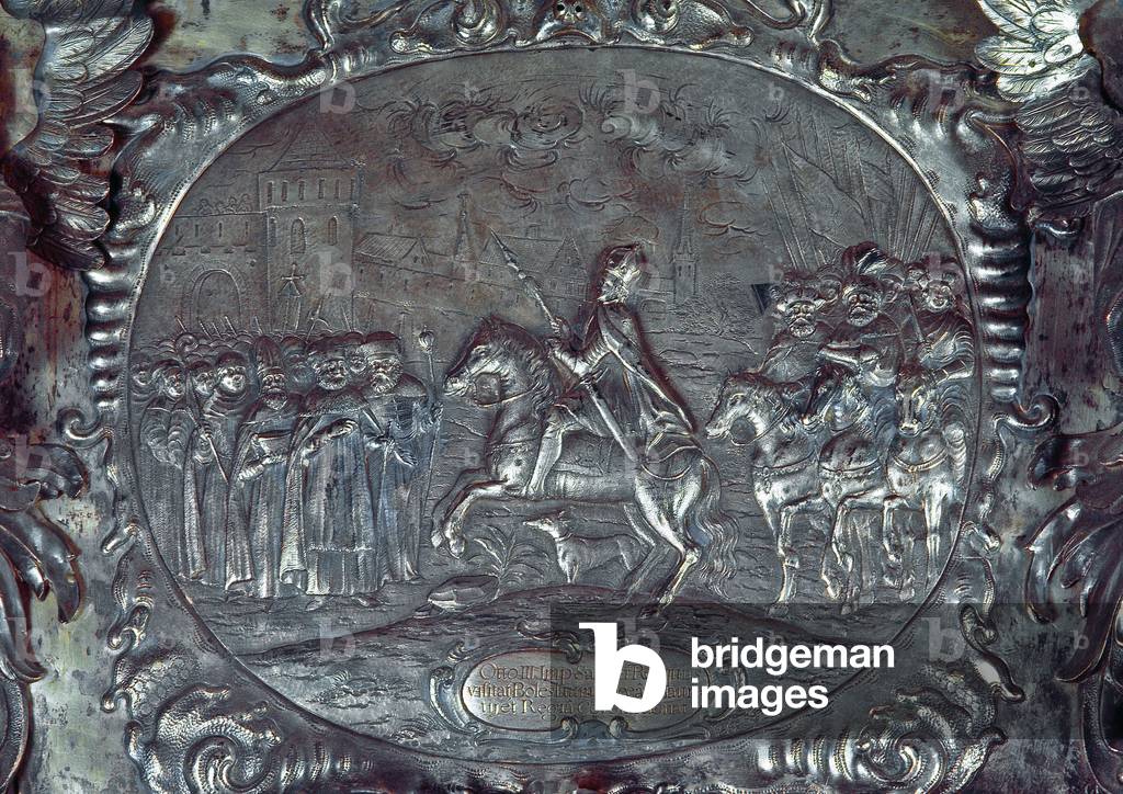 Gniezno, Central-Western Poland, Cathedral, Basilica, coffin of St Wojciech's hand reliquary Piotr Gelhor. piece describing arrival of caesar Otto II to Gnesno 1507 historic first capital of Poland, Greater Poland province, the cathedral known for its twelfth-century (circa  1175), two-winged bronze doors decorated with scenes of martyrdom of St. Wojciech. 2008