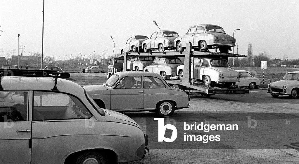 Warsaw, Poland, late autumn of 1979. Delivery of brand new Syrena 105 cars to the parking place of Polmozbyt car outlet. 