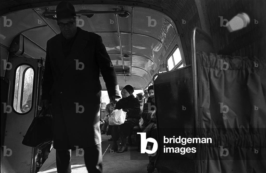 Warsaw, Poland,1970s. Public transport in Poland. Passengers in a Jelcz bus, nicknamed 'Cucumber'. 