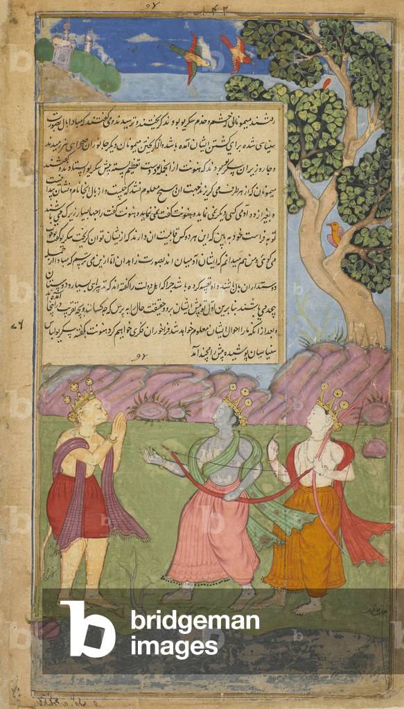 Vol.1 fol.140 Hanuman approaches Tama and Laksmana in the guise of an ascetic (opaque watercolour, ink and gold on paper)