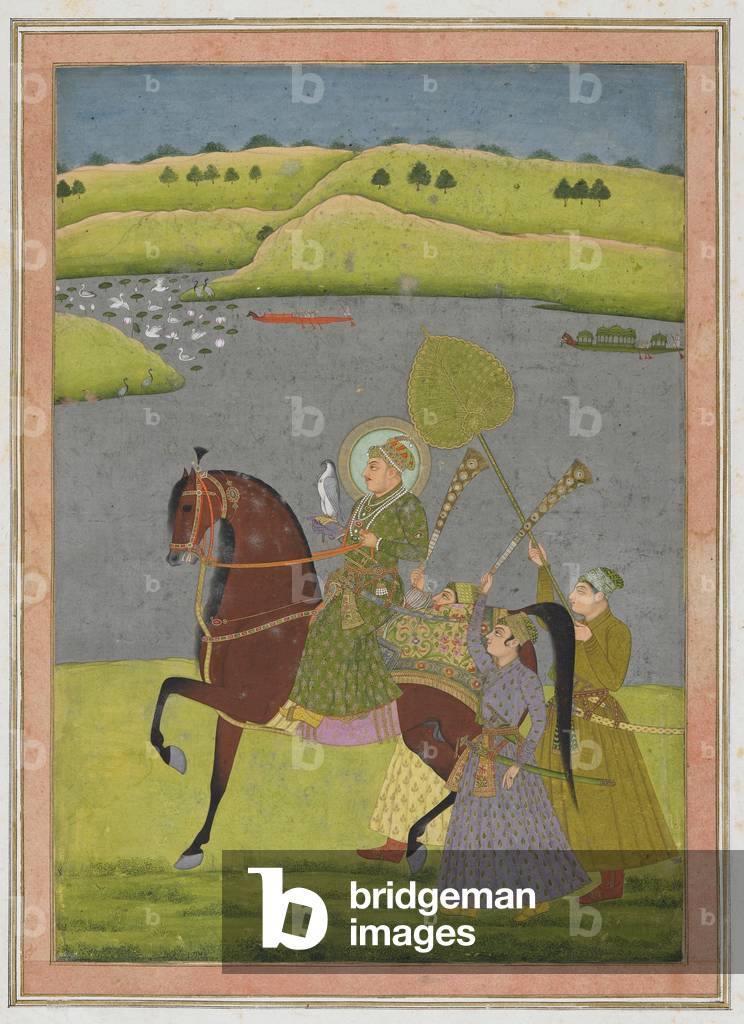 Equestrian portrait of Muhammad Shah from the Impey Album, detached manuscript folio, c.1730 (opaque watercolour and gold on paper)