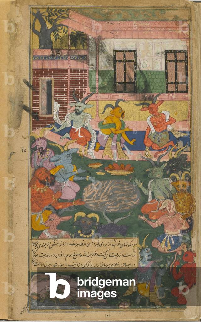 Vol.2 fol.246 Indrajita offers sacrifices to assure victory over Rama and Laksmana (opaque watercolour, ink and gold on paper)