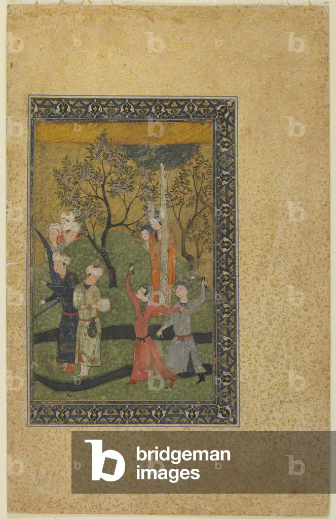 A prince and princess surrounded by courtiers in a garden, c.1480 (opaque watercolor, ink, and gold on paper)