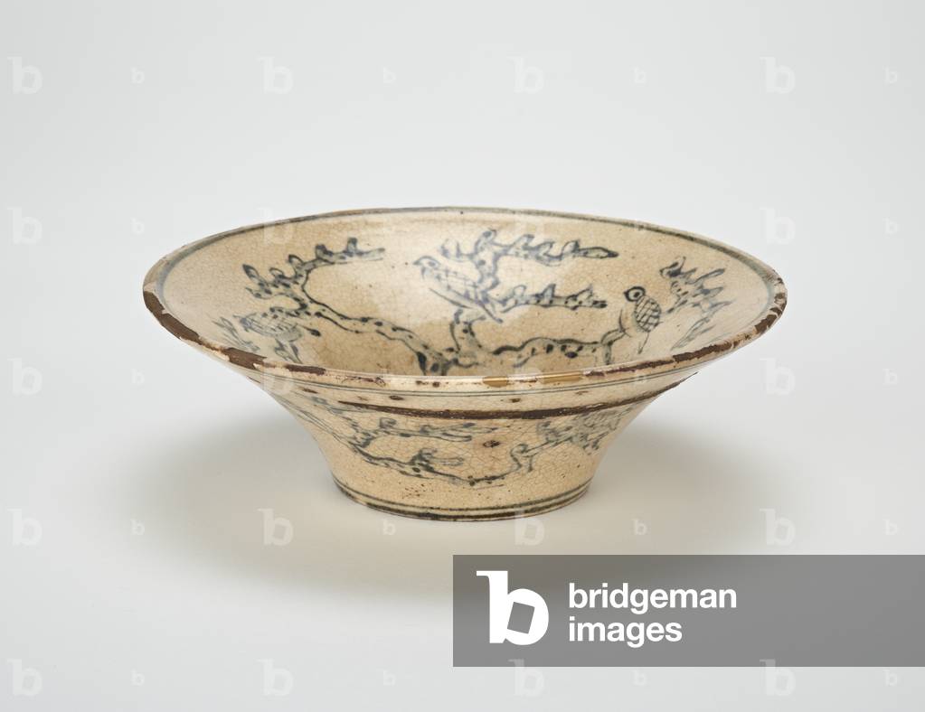 Serving bowl (hachi), 19th century (stoneware with white slip and cobalt decoration under clear glaze, gold lacquer repairs)