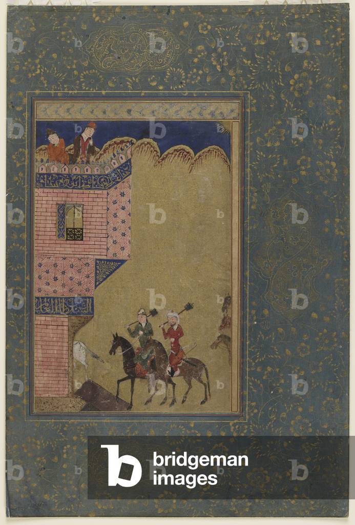 Two riders carrying maces approaching a castle, c.1417-18 (opaque watercolor and gold on paper)