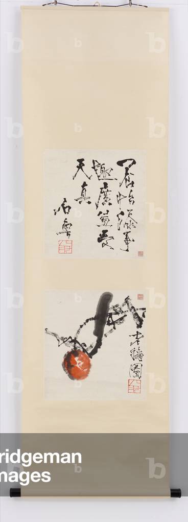 Late Autumn and calligraphy, Album leaves (mounted as a hanging scroll), early 1970's (ink and colour on paper)