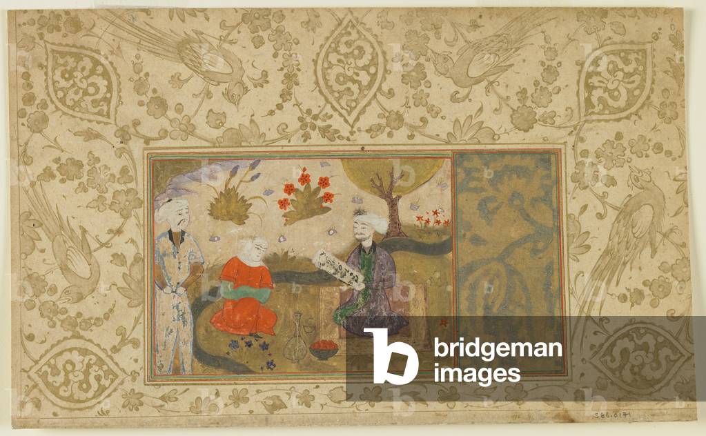 A couple converse by a stream, c.1500 (opaque watercolor, ink and gold on paper)