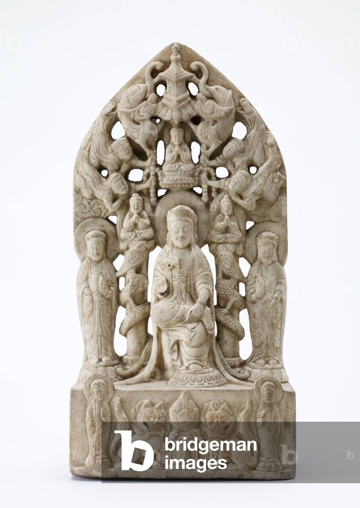 Buddhist stele representing a seated bodhisattva (Maitreya) flanked by standing bodhisattvas (marble)
