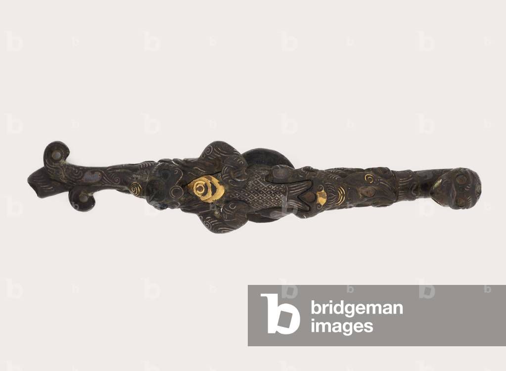 Garment hook (daigou), 1st century BC-3rd century CE (bronze with gold silver and turquoise inlay)