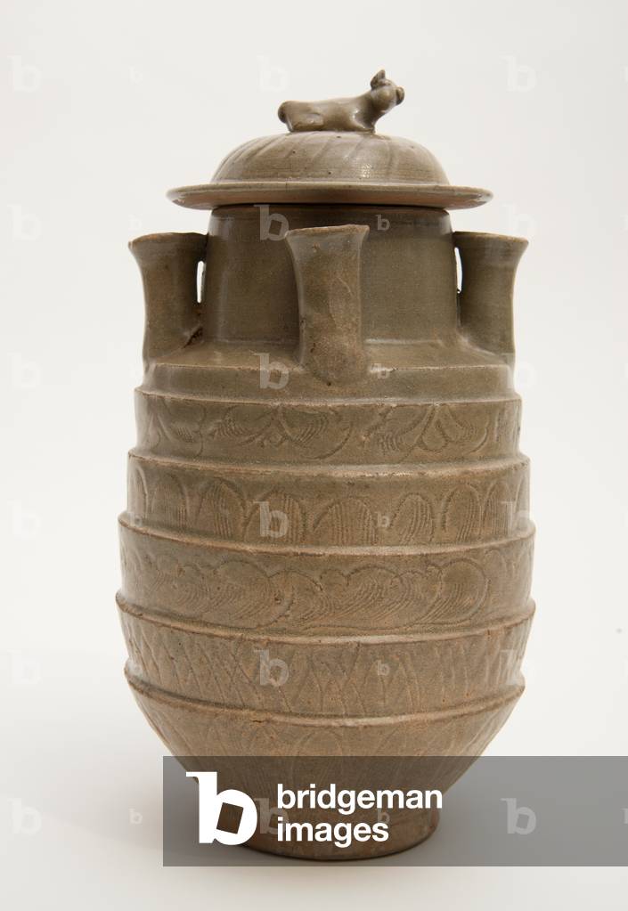 Five-spouted funerary jar for grain, with cover, 960-1127 (celadon-glazed stoneware)