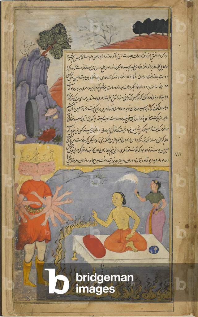 Vol.2 fol.313 Ravana converses with Mahajambunada, who is surrounded by a ring of fire and attended by Lakshmi (opaque watercolour, ink and gold on paper)
