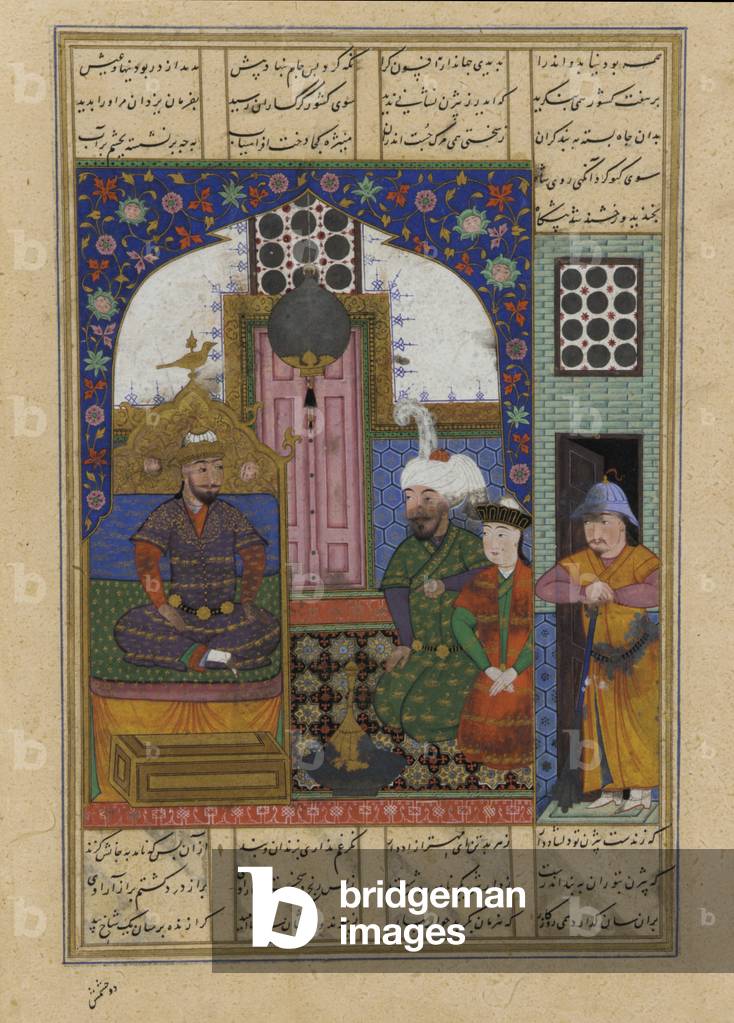 Folio from a Shahnama (Book of kings): Giv brings Gurgin before Kay Khusraw, 1493-94 (ink, opaque watercolor and gold on paper)