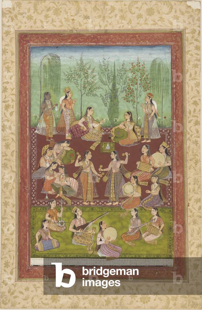 A group of women in a garden, entertaining themselves with music and dancing (colour & gold on paper)