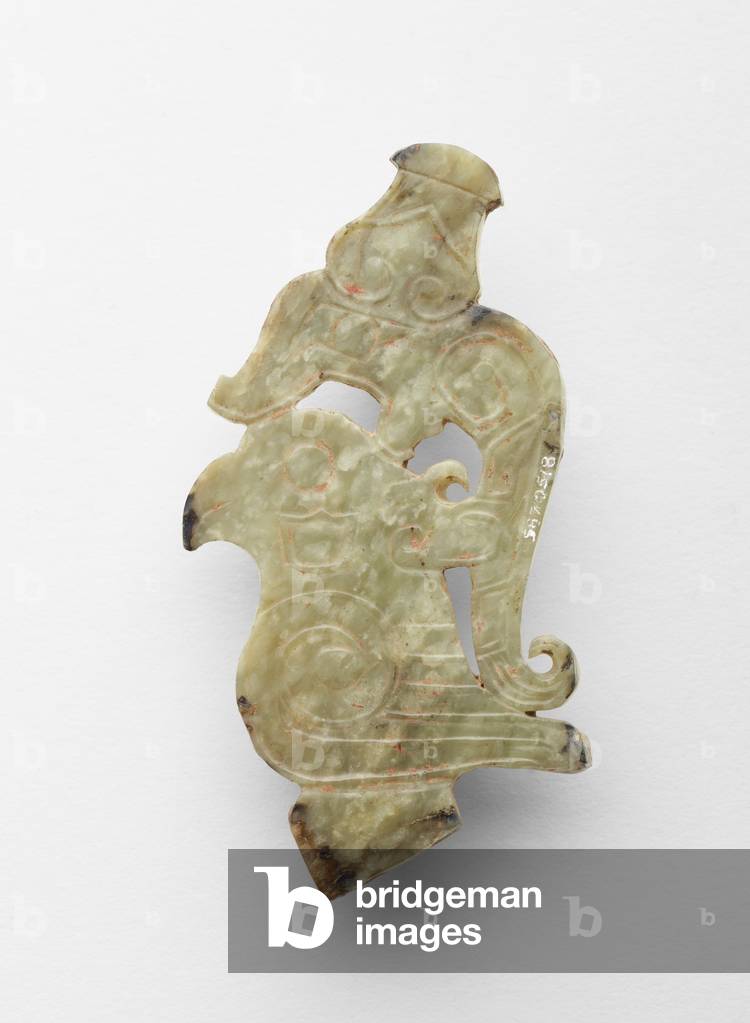 Finial in the form of a bird with dragon, c.1300-c.1050 BC (jade, nephrite)