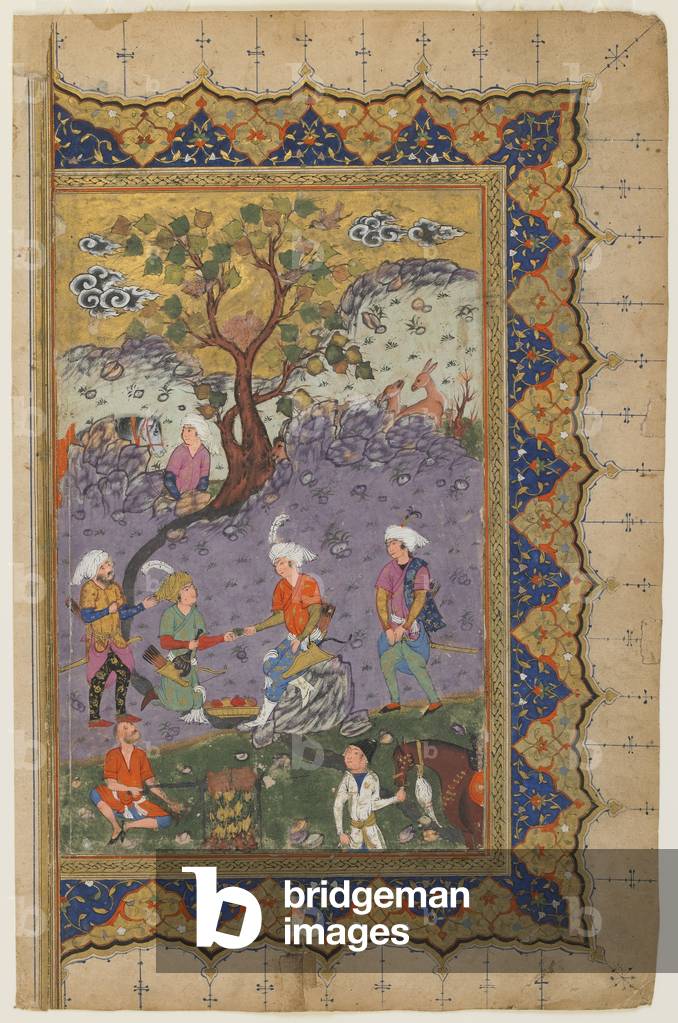 A prince seated in a landscape with attendants, c.1600 (opaque watercolor, ink and gold on paper)