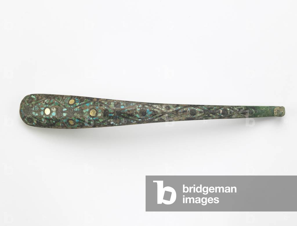 Garment hook, 480-221 BC (bronze, silver and turquoise)