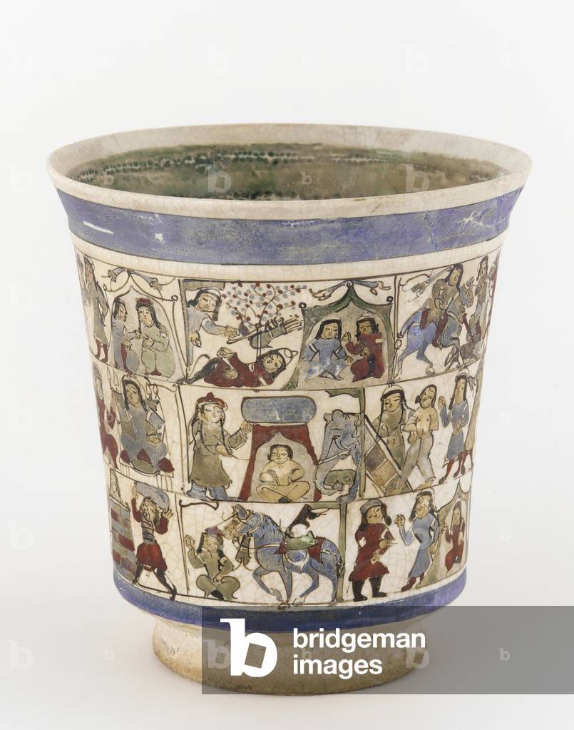 Beaker depicting the 'Shahnama', Kashan, Iran, Saljuq Period, late 12th century (stone-paste painted under glaze and over glaze with enamel)