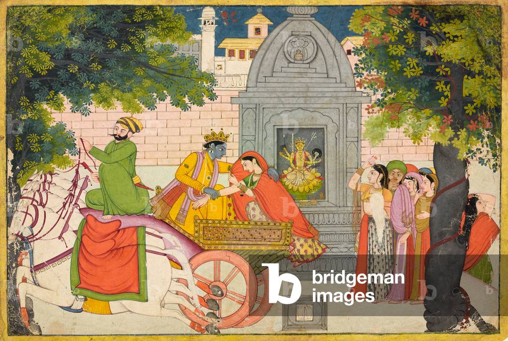 Rukmini elopes with Krishna, folio from a Bhagavata Purana, c.1780 (opaque watercolor and gold on paper)