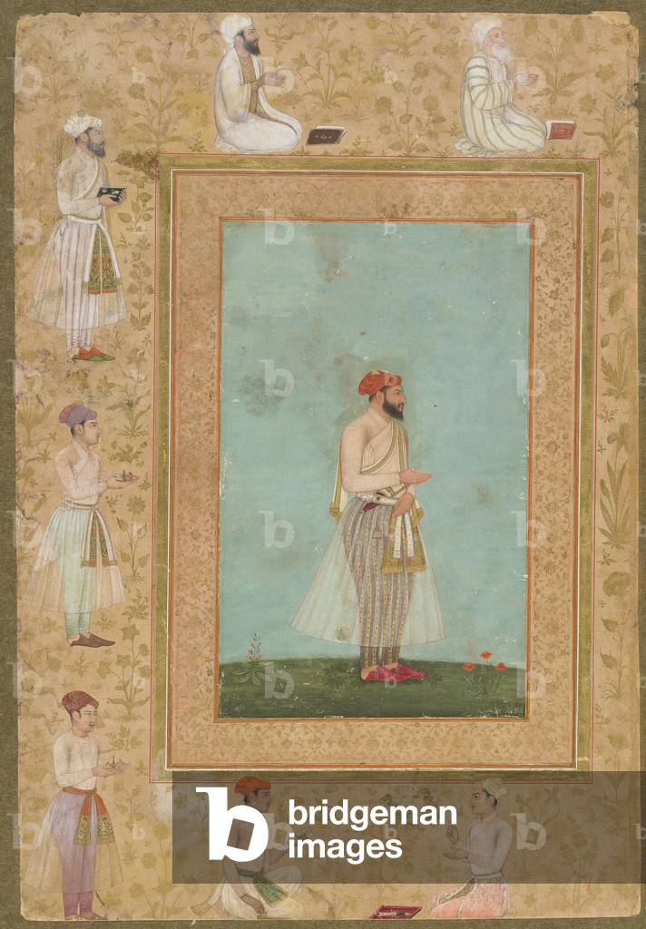 A Courtier, from the late Shahjahan Album, detached manuscript folio, c.1650 (opaque watercolour and gold on paper mounted on paperboard)
