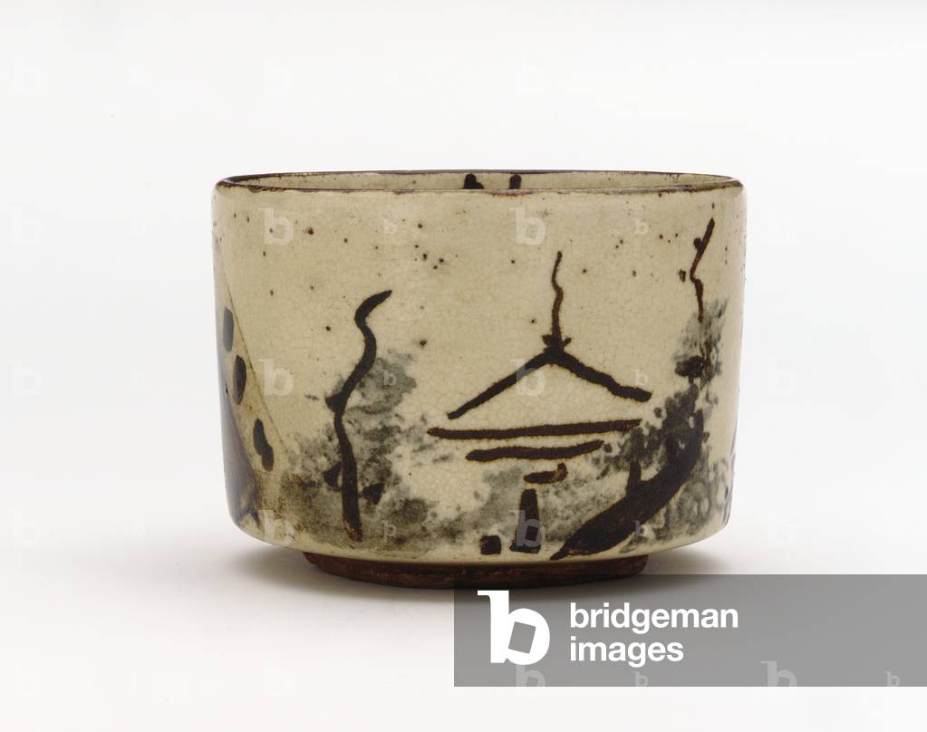Tea bowl with design of mountain retreat, mid 18th century (stoneware with white slip, iron and cobalt pigments under clear glaze, gold lacquer repairs)